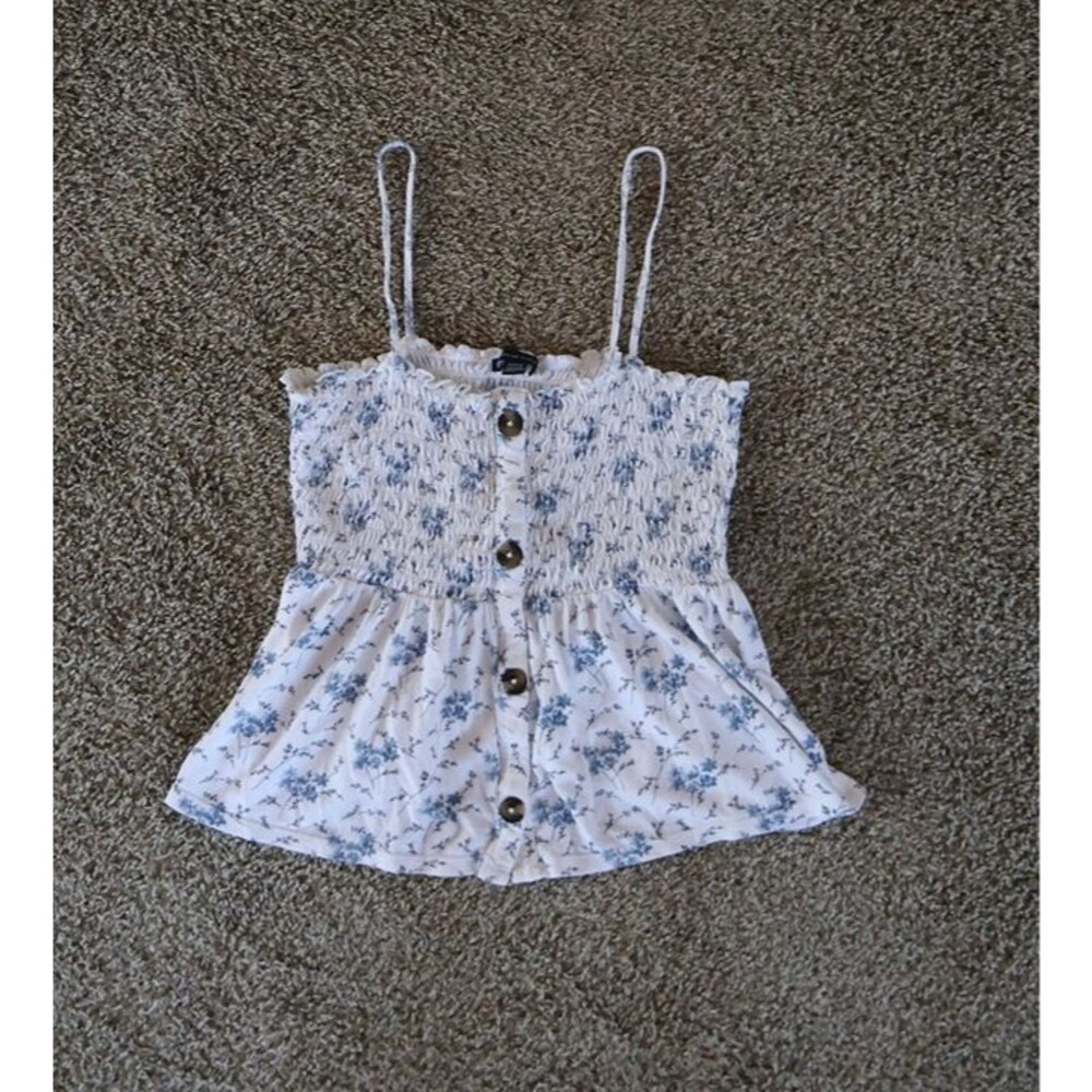 American Eagle Blue Floral Smocked Peplum Tank Top – Size M